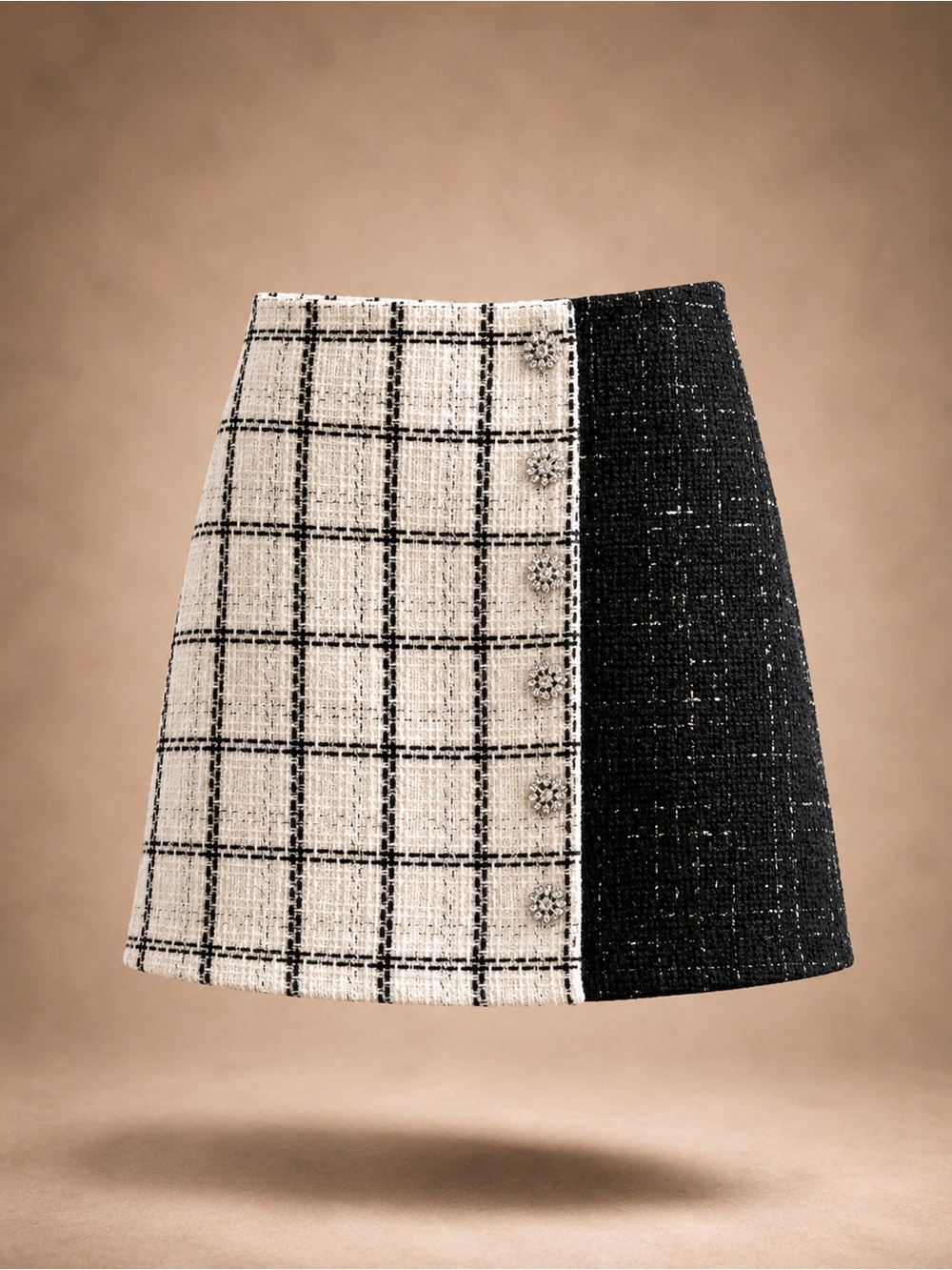 Gianni Bini Black and Cream Checked Tweed Mini Skirt